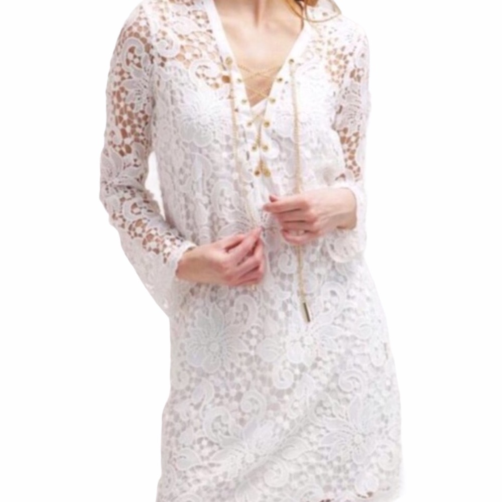 MICHAEL KORS White Lace Tunic Dress Gold Slip XS